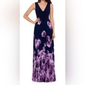 Xscape Navy Maxi Pleated Dress with Floral Print- NWOT- Size 14
